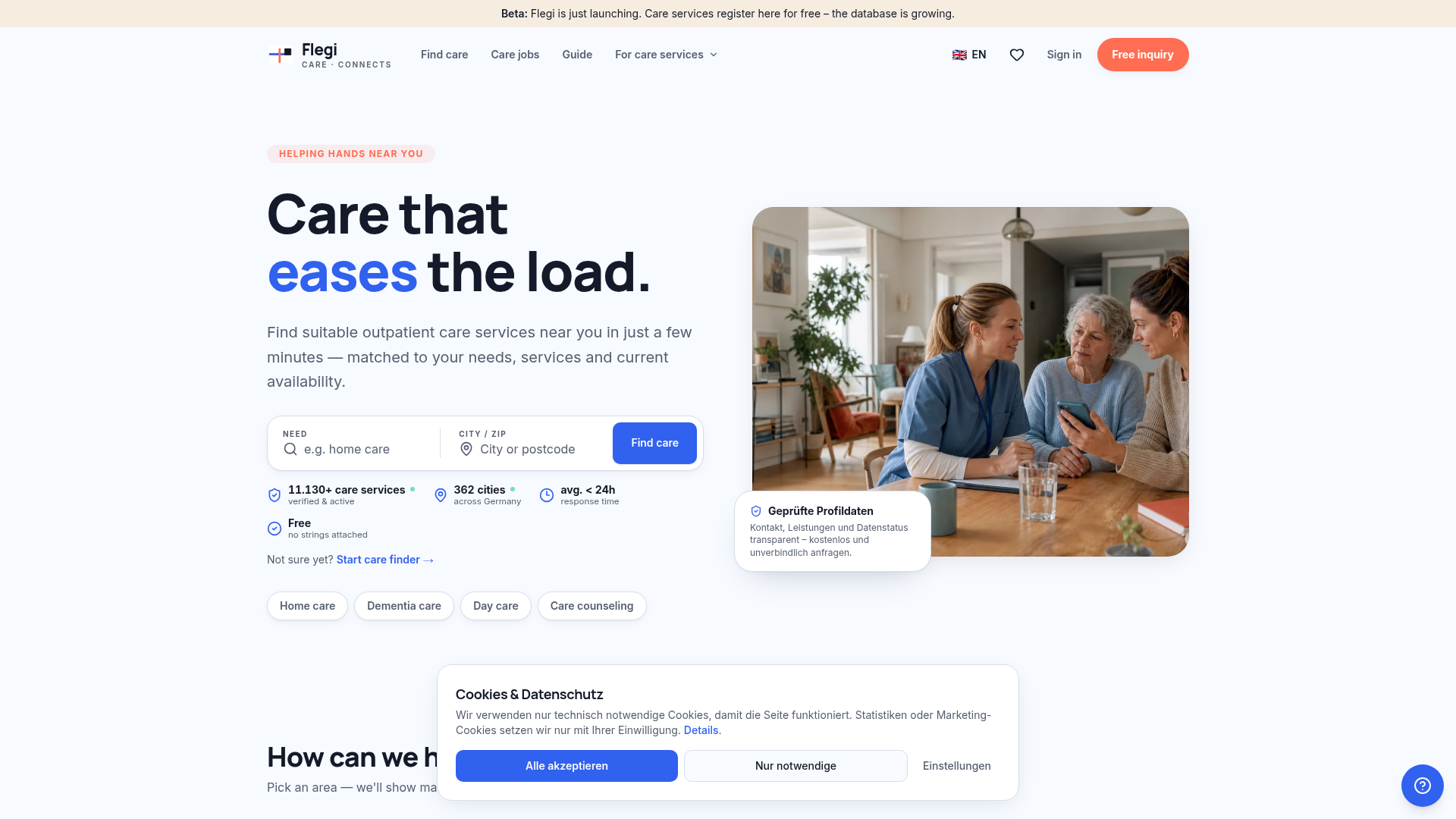 Flegi Startseite der Recruiting-Plattform für Pflegeanbieter