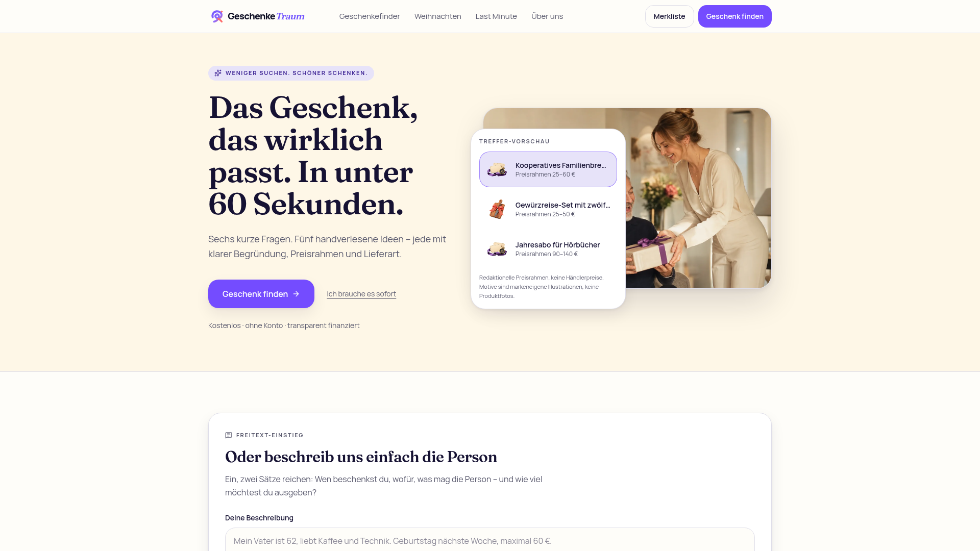 Geschenketraum Startseite mit Geschenkefinder